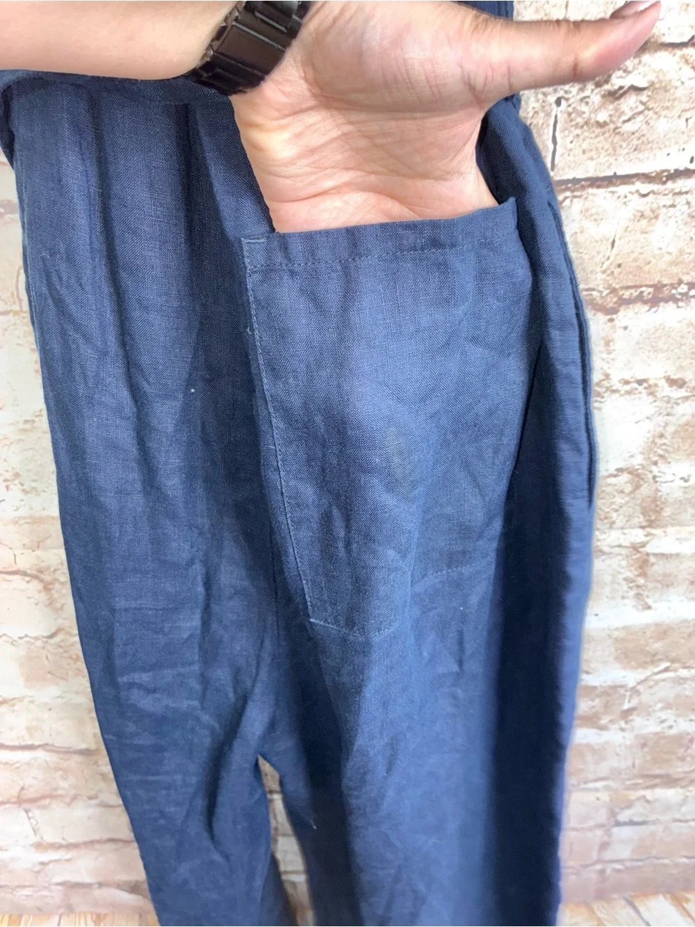 Quince 100% European Linen Square Neck Jumpsuit in Deep Navy Size Small